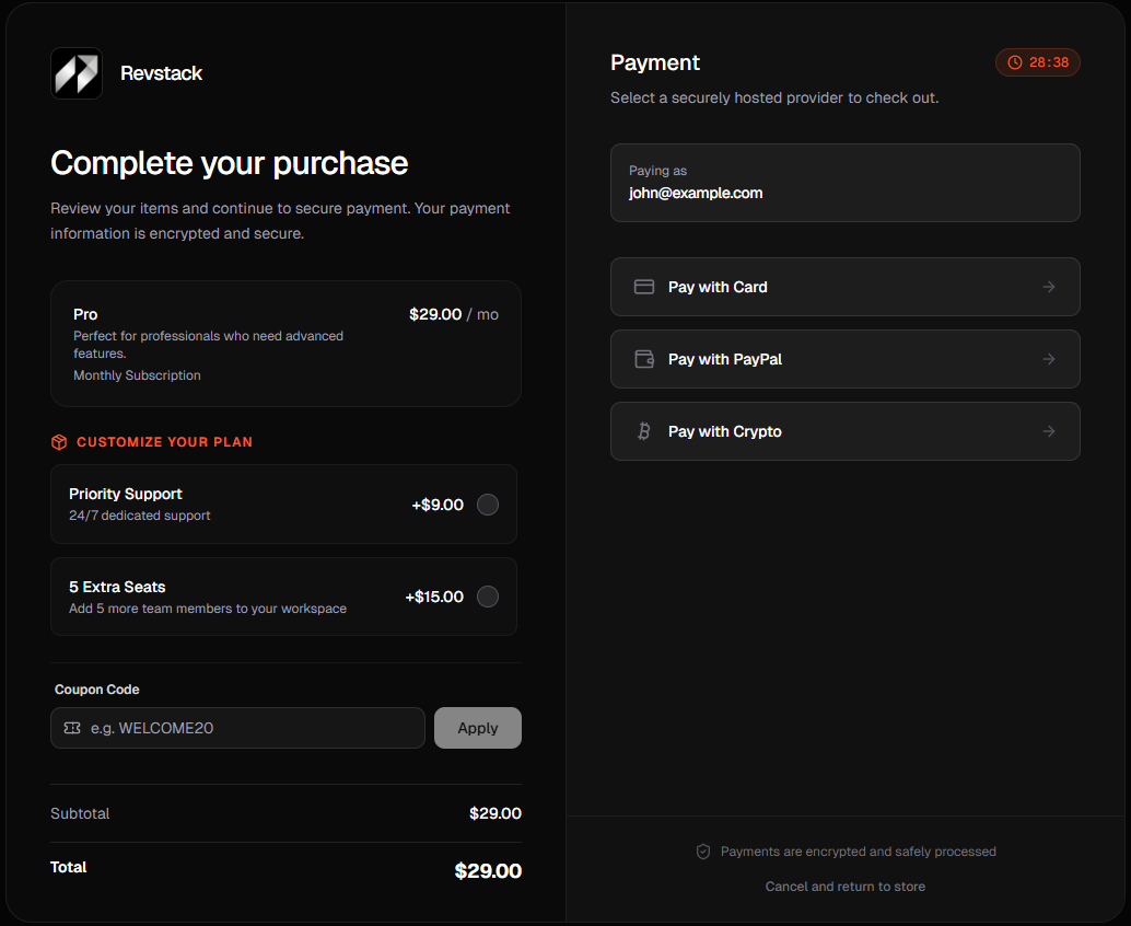 Revstack Hosted Checkout Interface